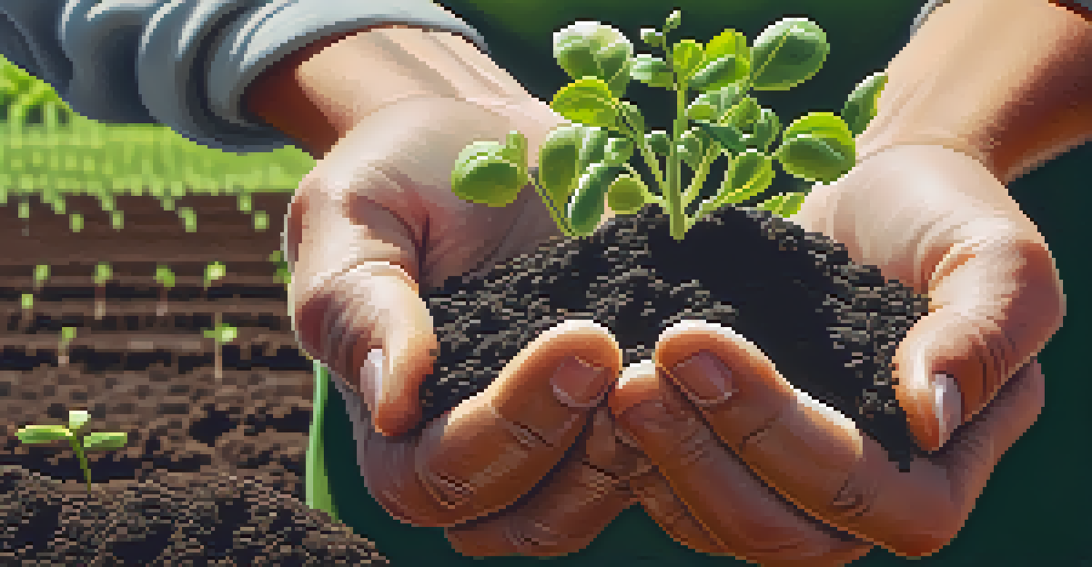 A close-up of a farmer's hands holding dark soil with tiny green sprouts, set against a lush organic farm background.