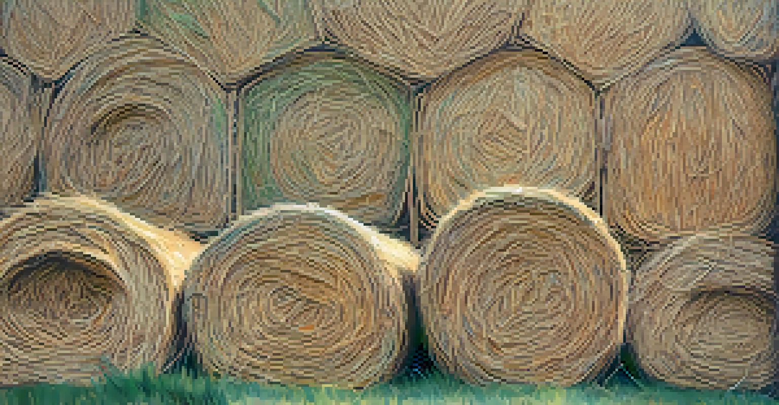 A close-up view of a straw bale wall, highlighting its natural textures and fibers, with sunlight and a green landscape in the background.