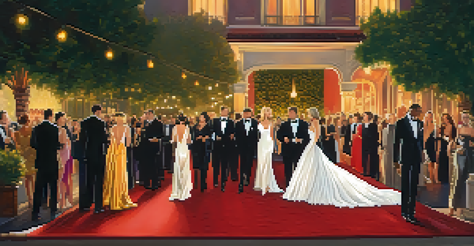 A glamorous fashion event on Sunset Boulevard with celebrities on a red carpet, dressed in elegant attire against a backdrop of illuminated venues.