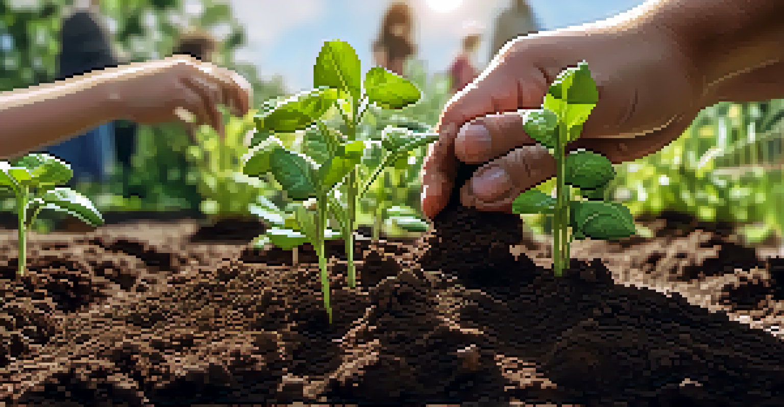 Close-up of hands planting seedlings in dark soil, highlighting the textures and details of the plants and soil in a community garden.