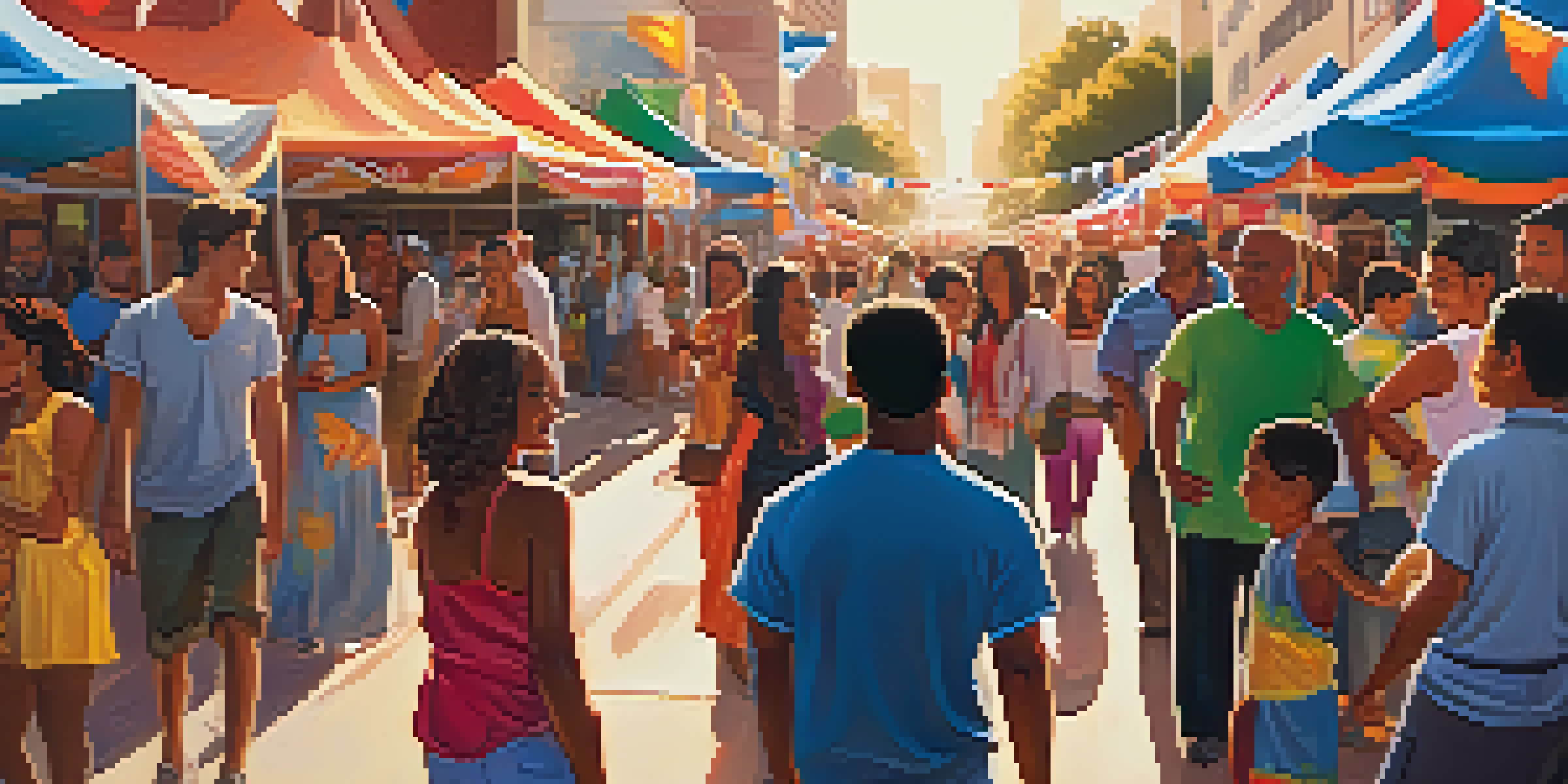 A bustling street festival in Los Angeles with people of various ethnicities celebrating together, surrounded by colorful banners and food stalls.