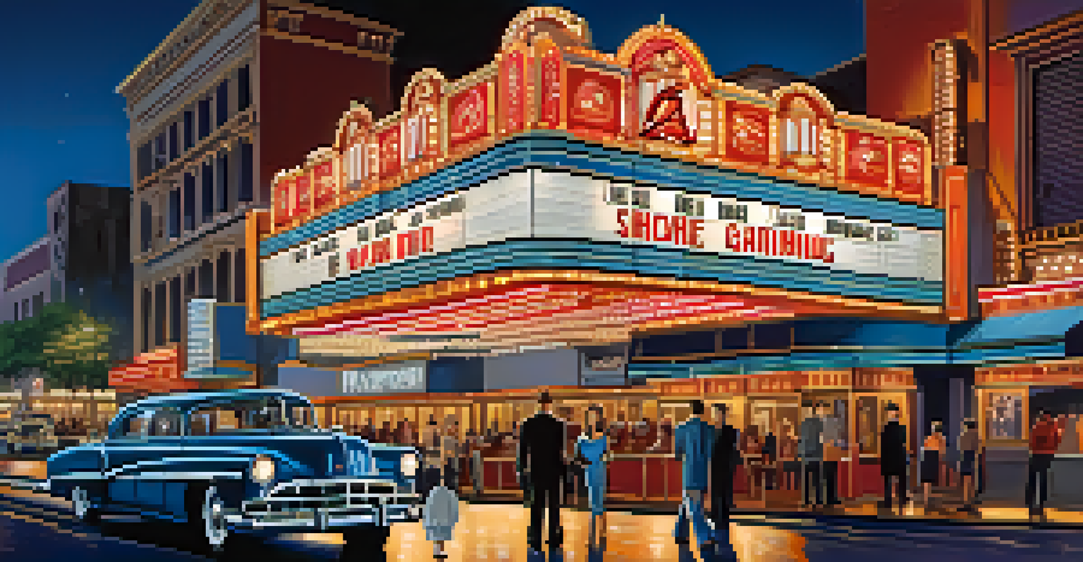A classic movie theater marquee in neon colors, advertising a Technicolor film, with patrons in elegant attire on a bustling street.