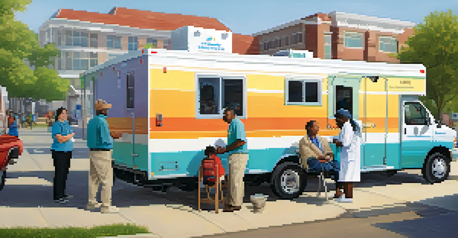 A mobile health clinic in a community area, with healthcare professionals offering vaccinations and screenings to waiting patients.