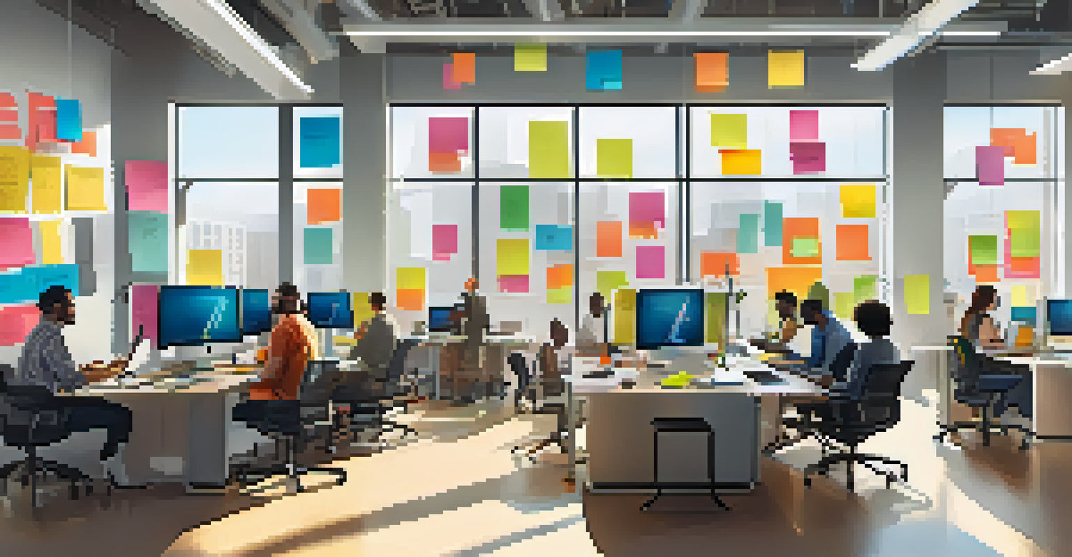 A modern workspace with a diverse group collaborating around a table filled with technology, in a bright and open environment.