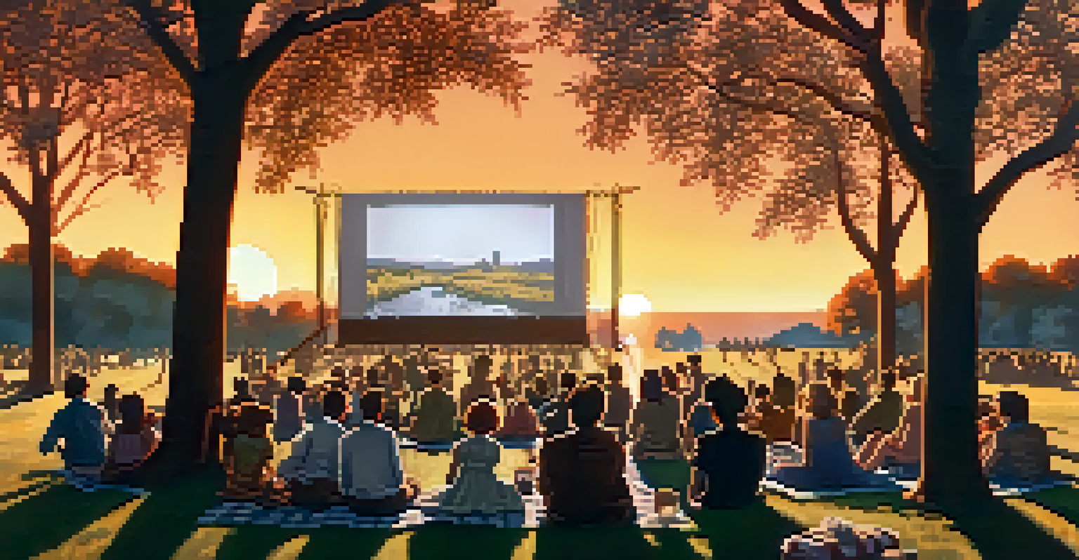 An outdoor 1920s film screening in a park with families watching a silent film, surrounded by picnic blankets and lanterns, set in warm sunset colors.