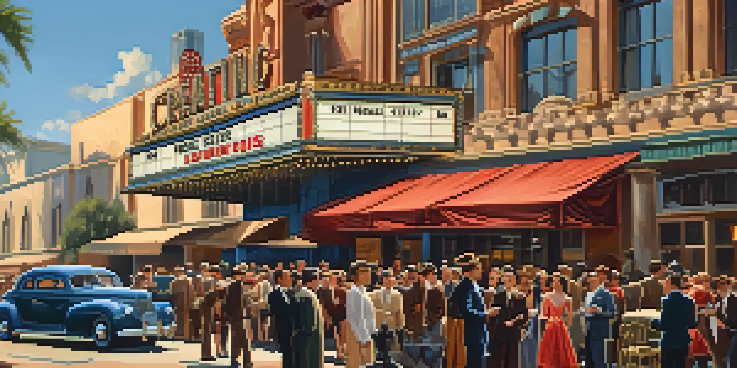 A vintage Hollywood film studio set with actors in 1940s costumes, directors, and large cameras on a sunny day.