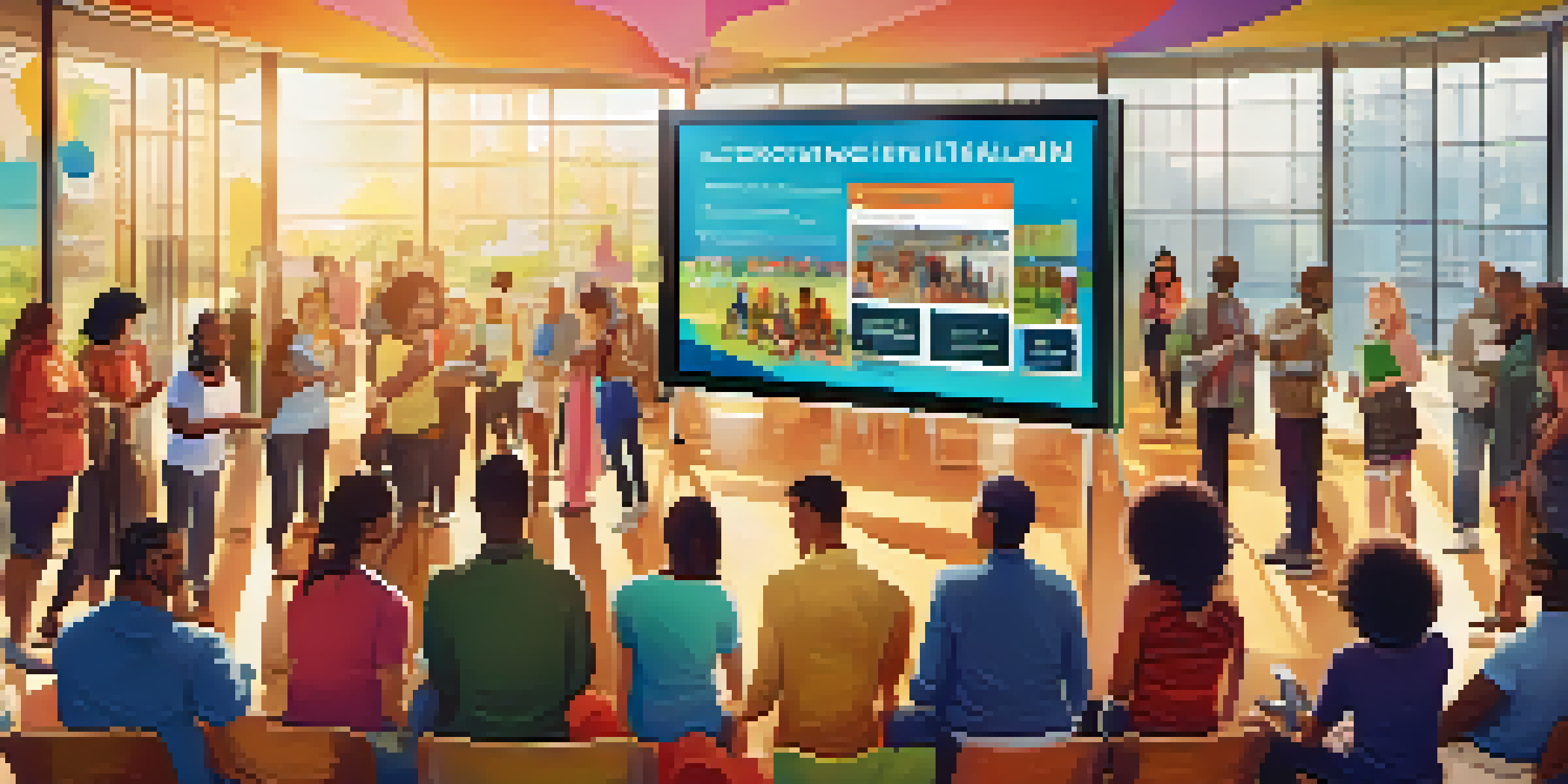 A diverse group of people in a community center gathered around a digital screen displaying a crowdfunding campaign for various charity projects.