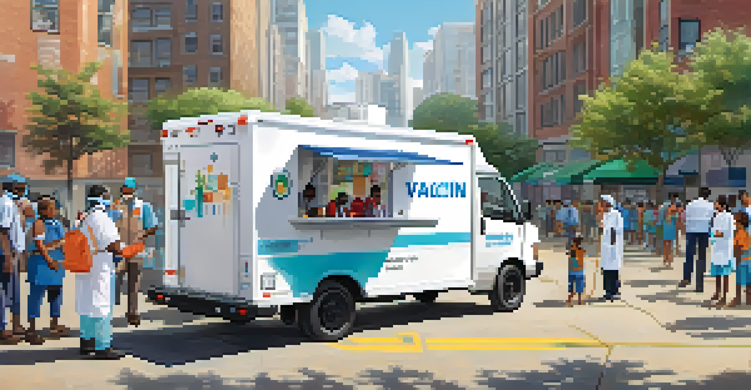 A mobile vaccination unit in an urban area with healthcare workers assisting residents and colorful graphics about immunization.