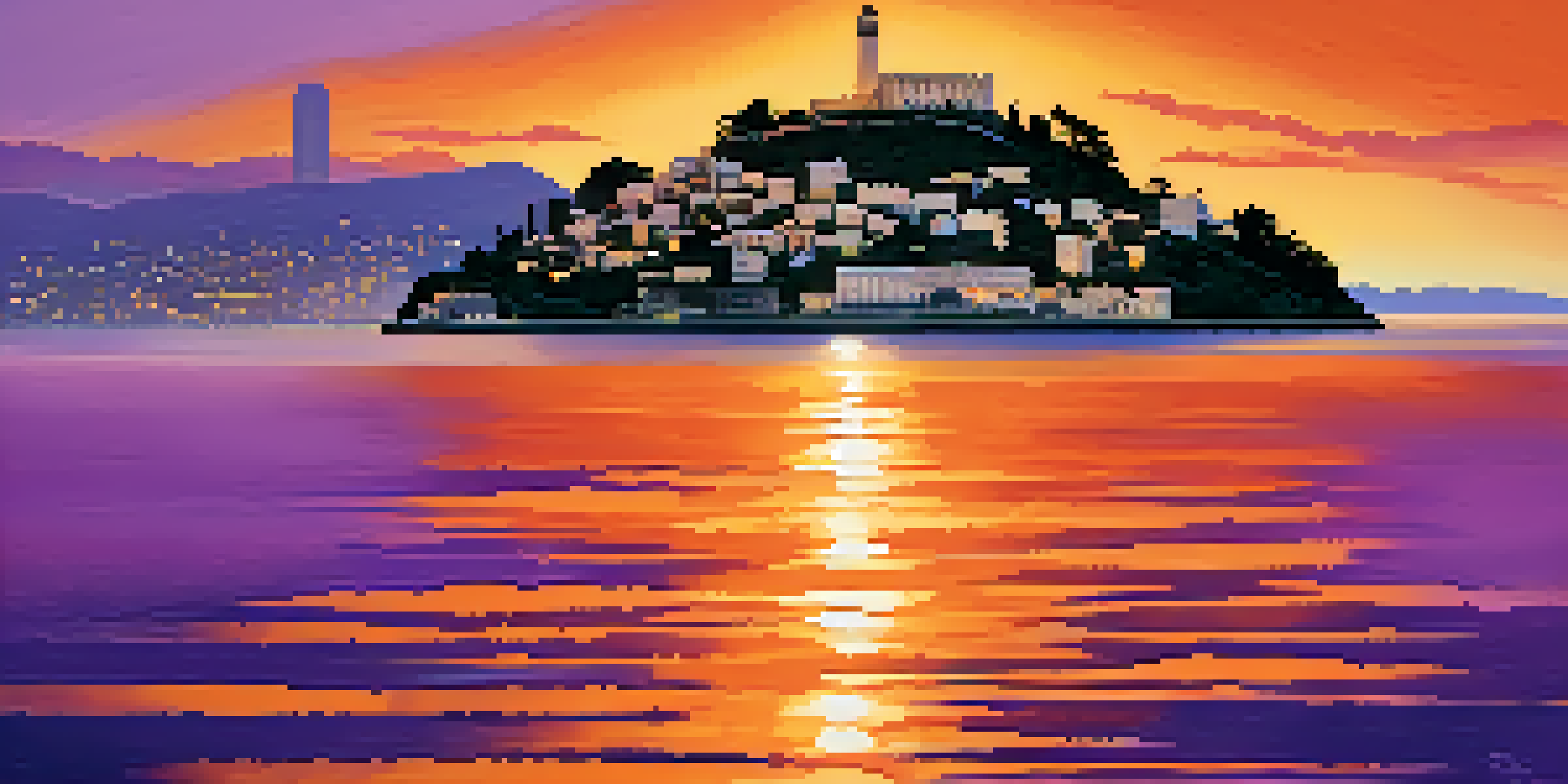 A panoramic view of Alcatraz Island with the San Francisco skyline at sunset, showcasing the contrast between the historic buildings and vibrant sky.