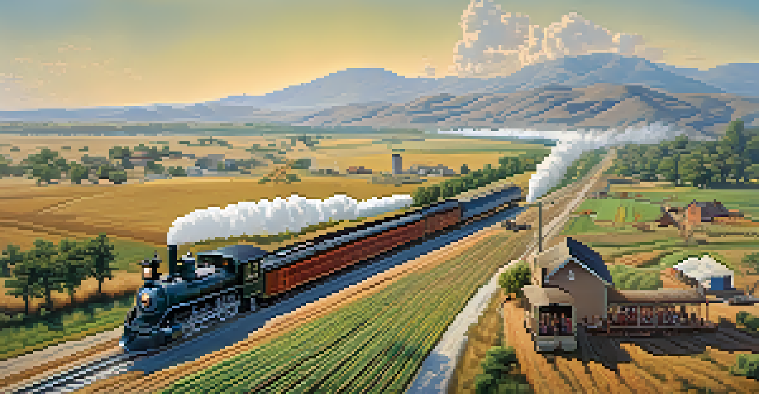 A California landscape in the 19th century, showcasing fields, towns, and railroad tracks, with farmers and settlers arriving, under a clear blue sky.