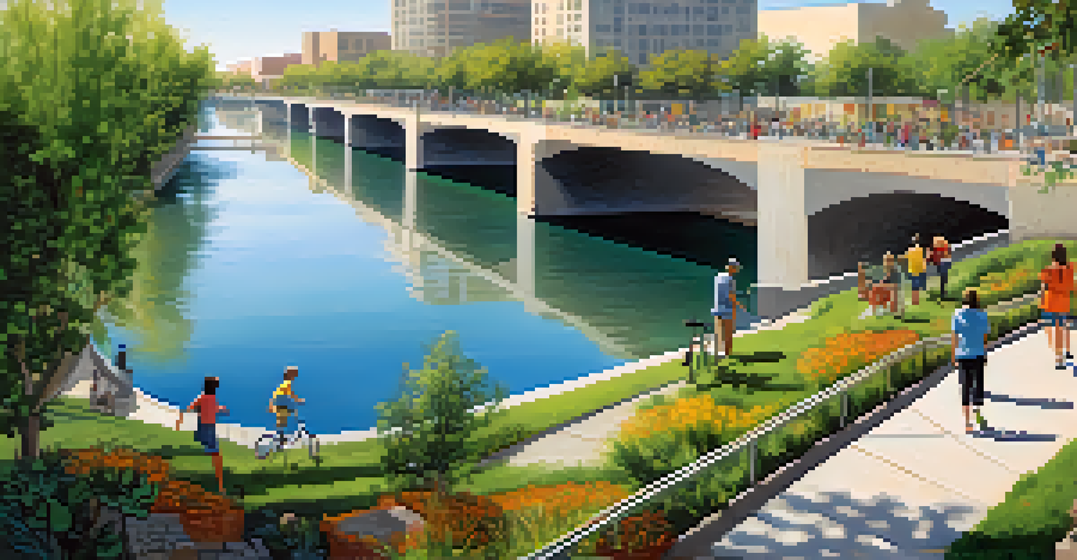A revitalized Los Angeles River with families enjoying the area, featuring walking paths, art installations, and greenery.