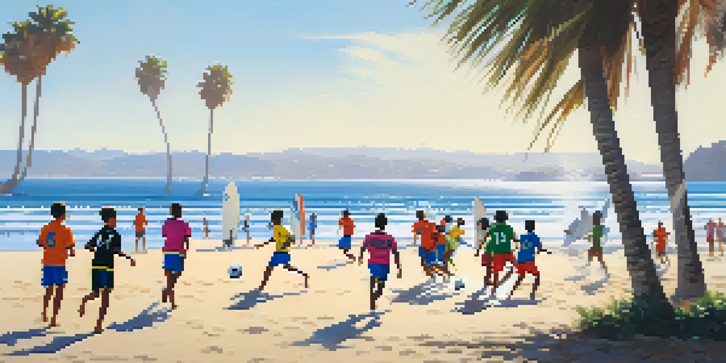 A diverse group of young athletes playing soccer on a sunny California beach with palm trees and surfboards.