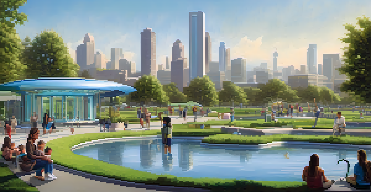 A modern urban park in California with smart irrigation systems, showcasing families enjoying the outdoors and digital displays about water conservation.