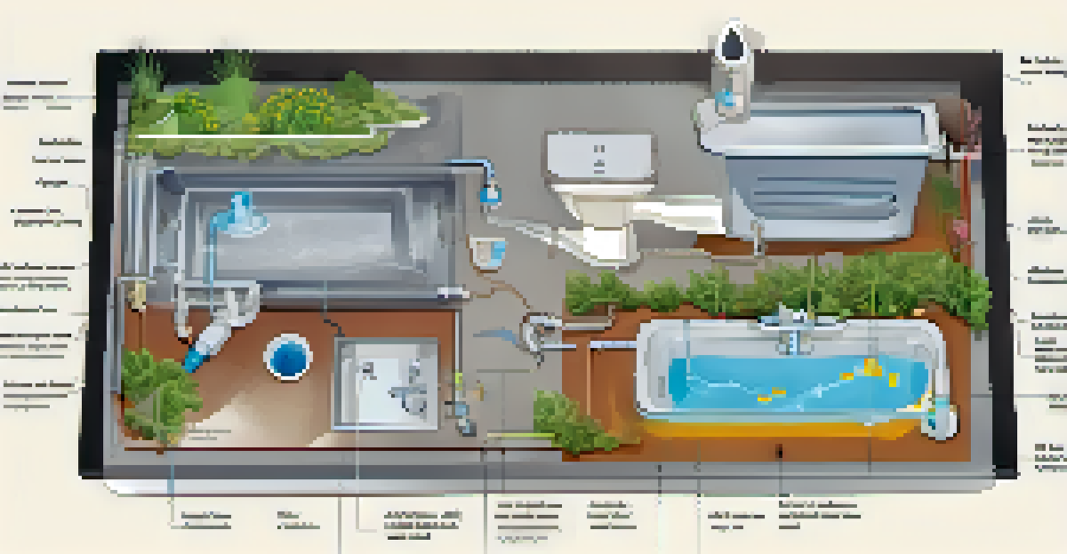 A detailed diagram of a graywater system setup showing sinks, showers, filtration unit, and garden areas, with arrows illustrating water flow.