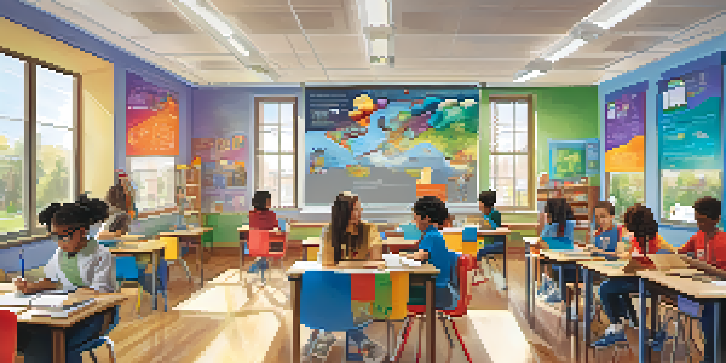 A classroom filled with diverse students participating in personalized learning activities, with laptops and science projects visible.