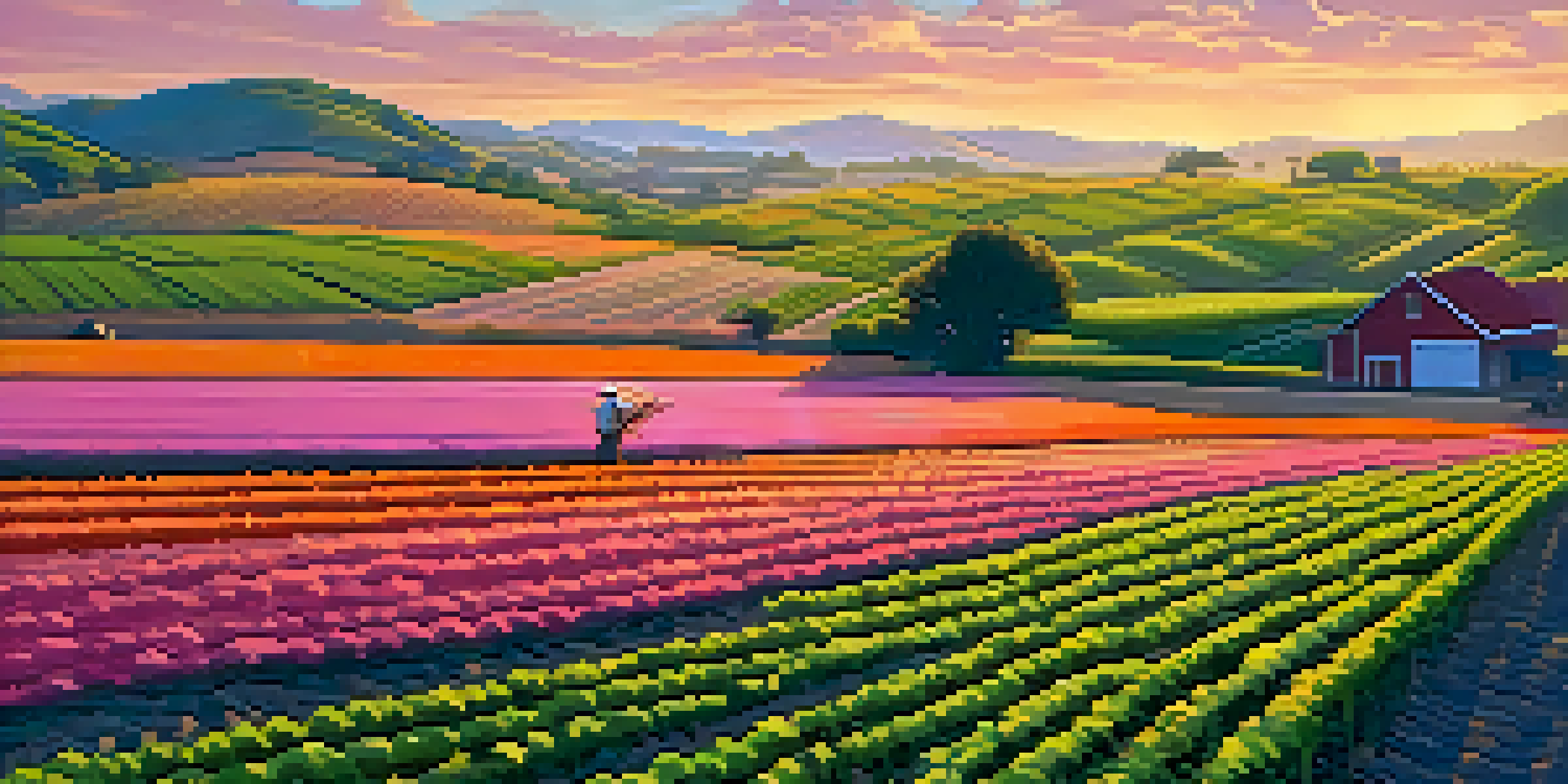 A California organic farm at sunset with green crops, rolling hills, and a farmer inspecting the plants under a colorful sky.