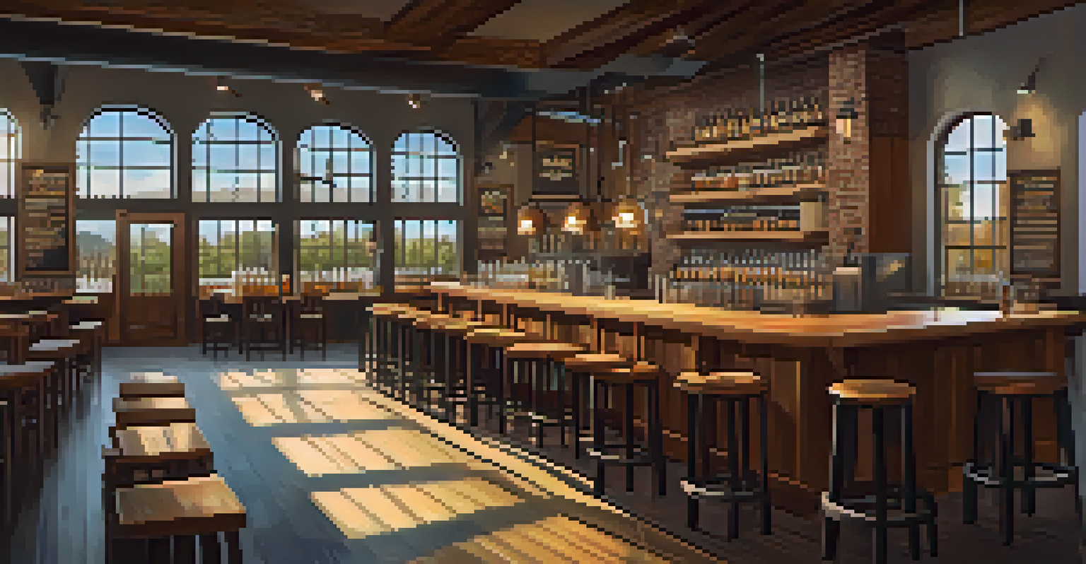 A cozy brewery taproom with wooden tables, shelves of craft beers, and sunlight streaming through windows.