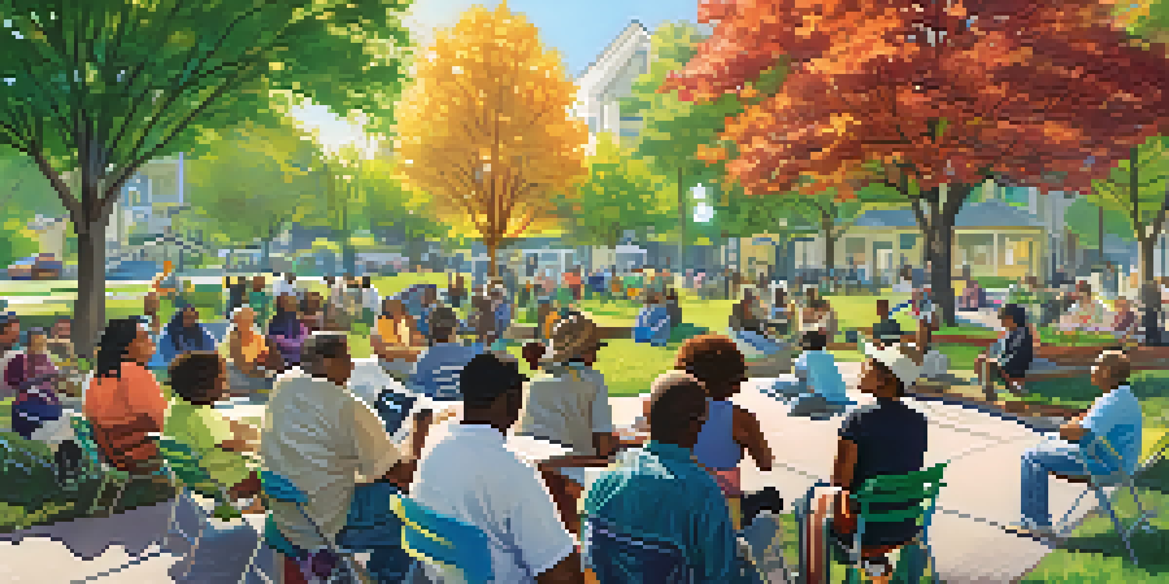 A community land trust meeting in a sunny park with diverse residents discussing affordable housing options, colorful banners, and well-maintained houses in the background.