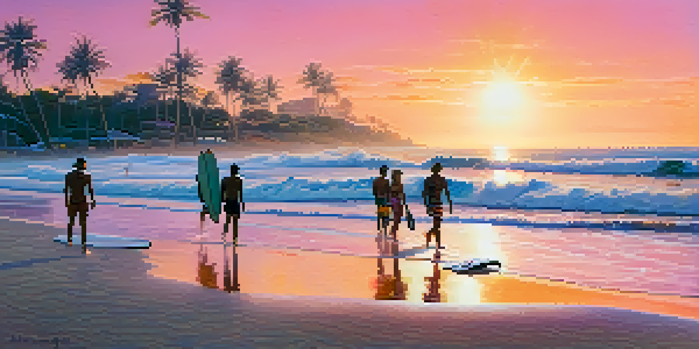 A lively beach scene with surfers riding waves at sunset, surrounded by beachgoers and palm trees.