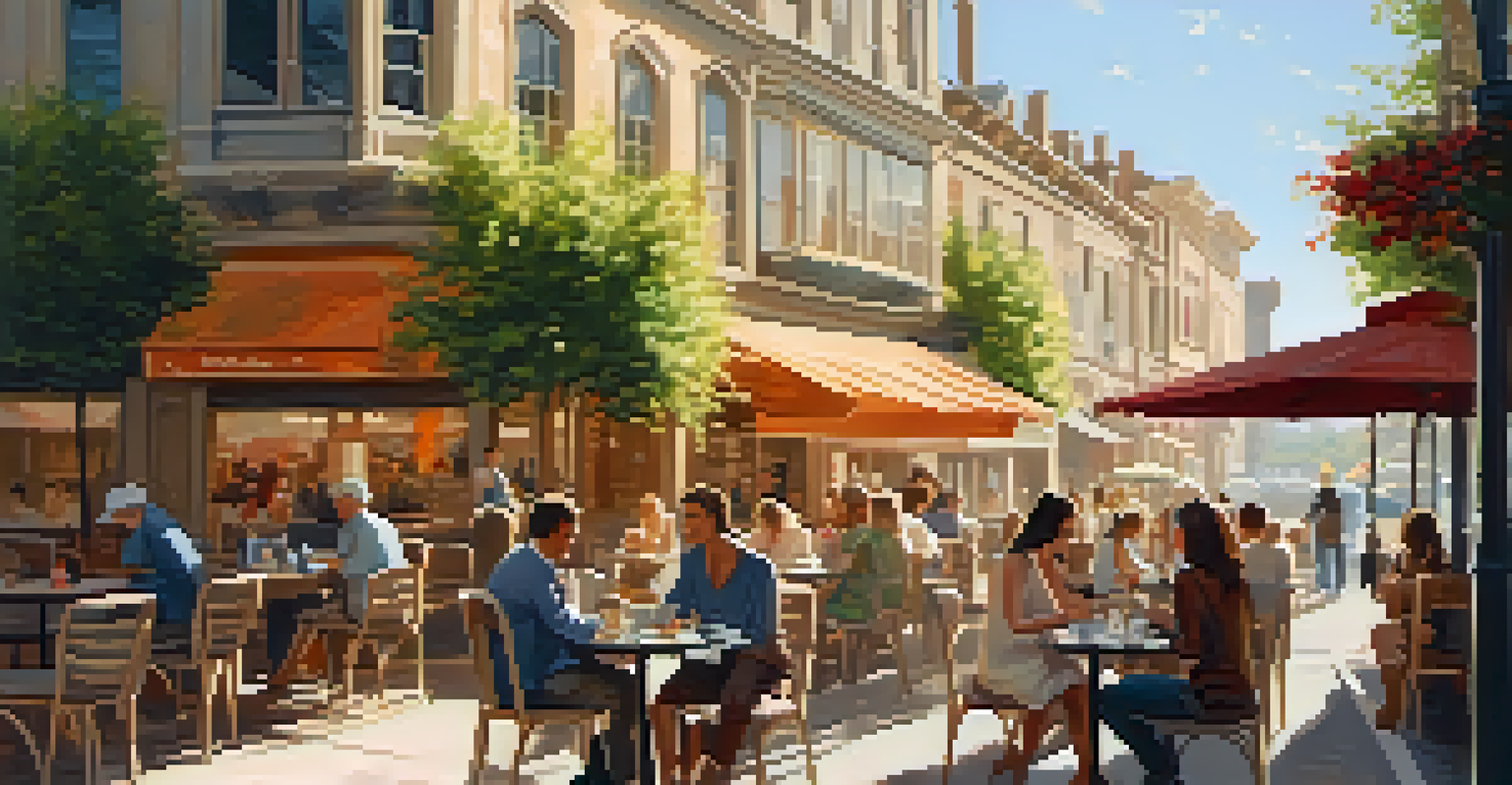 A freelancer working at an outdoor café, enjoying coffee and a sunny day.