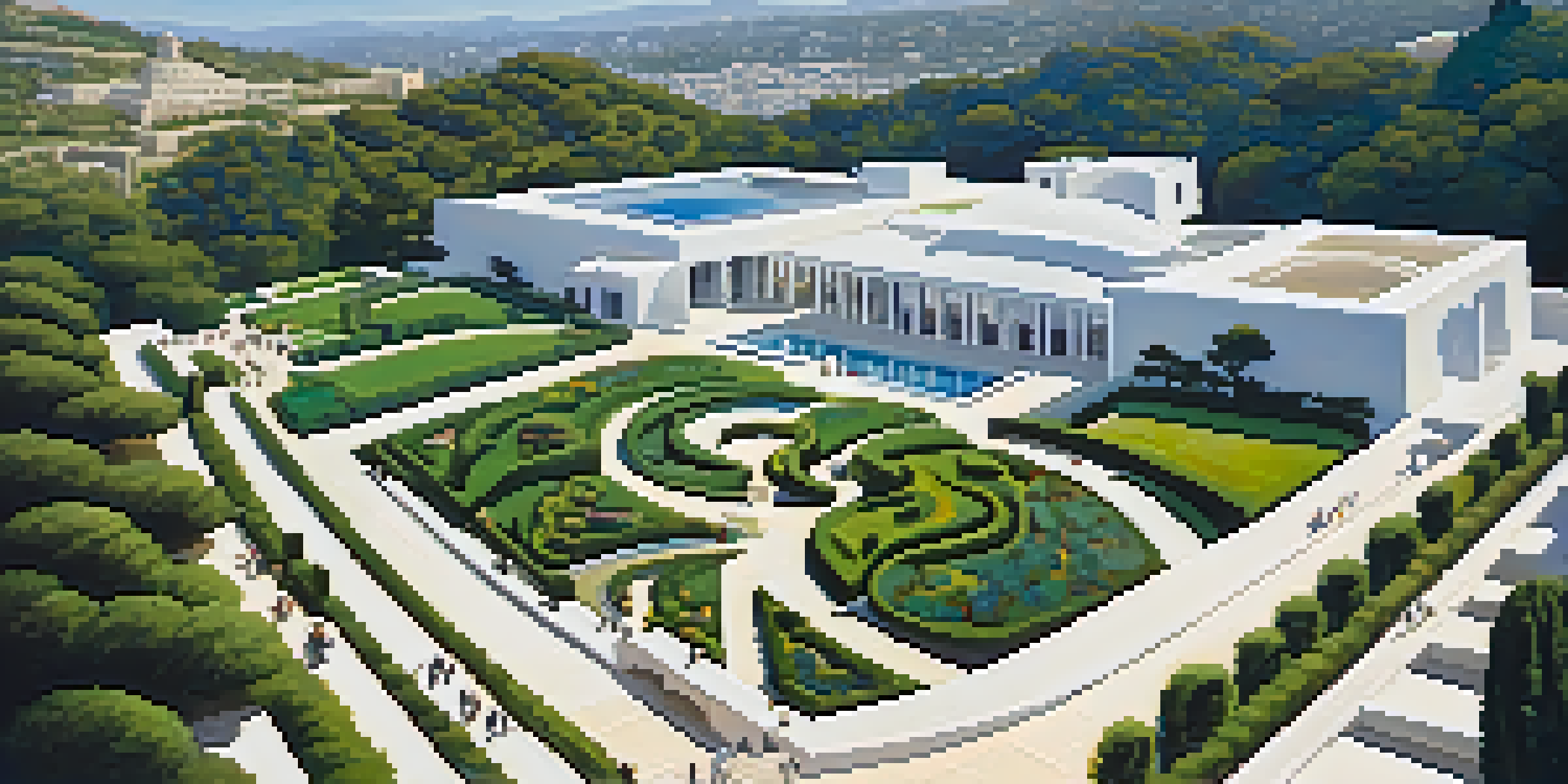 A panoramic view of The Getty Center, highlighting its modern architecture and gardens, with visitors walking.