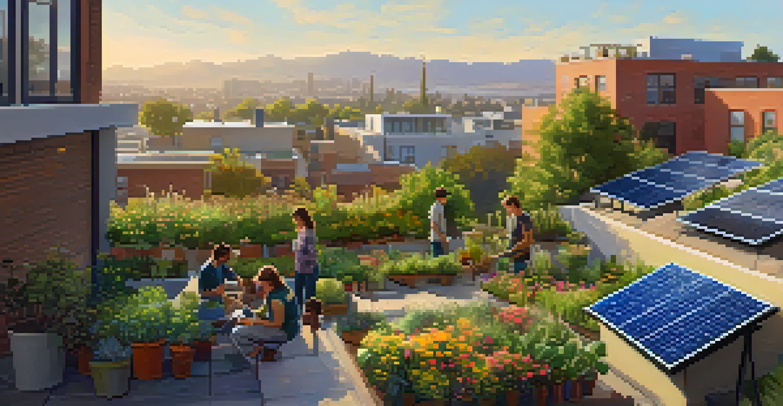 An urban rooftop garden with solar panels, plants, and people gardening under sunny skies.