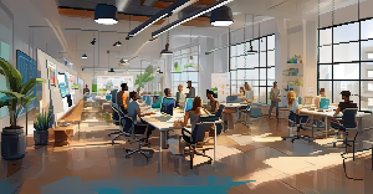 A lively tech incubator featuring diverse entrepreneurs working together, surrounded by modern furniture and brainstorming ideas on whiteboards.