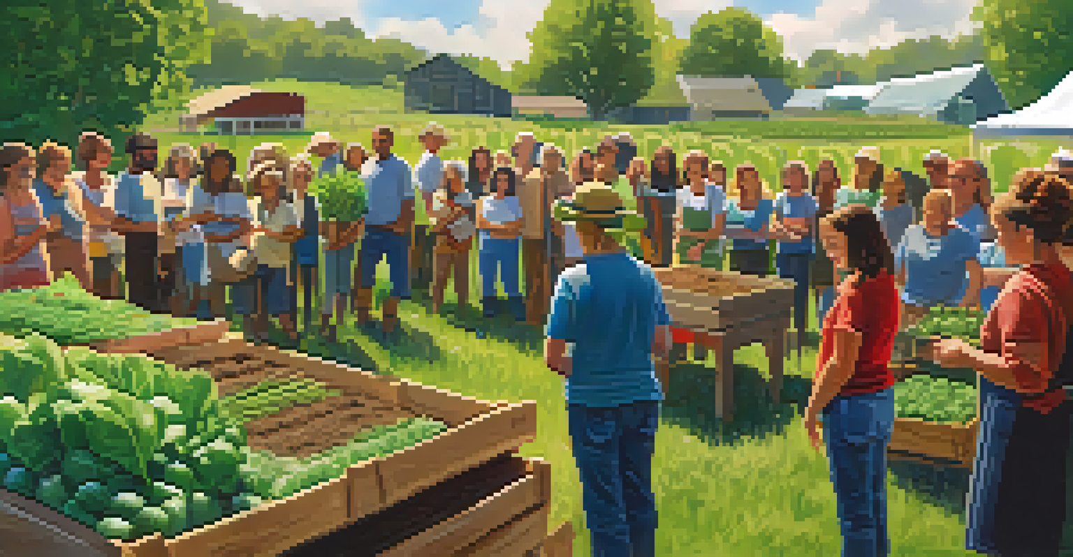 A community workshop on sustainable farming with diverse attendees learning about organic practices.