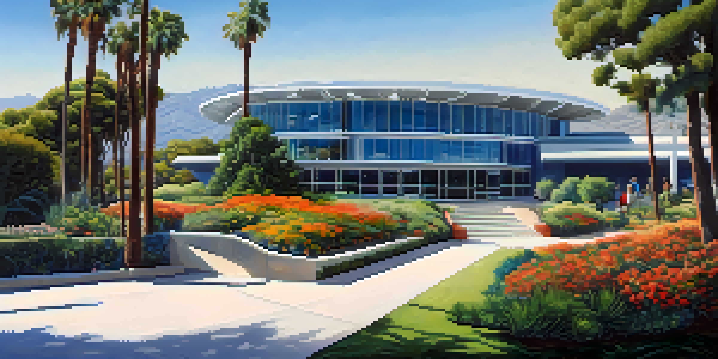 A panoramic view of the Jet Propulsion Laboratory in Pasadena, California, with modern architecture and a clear blue sky.