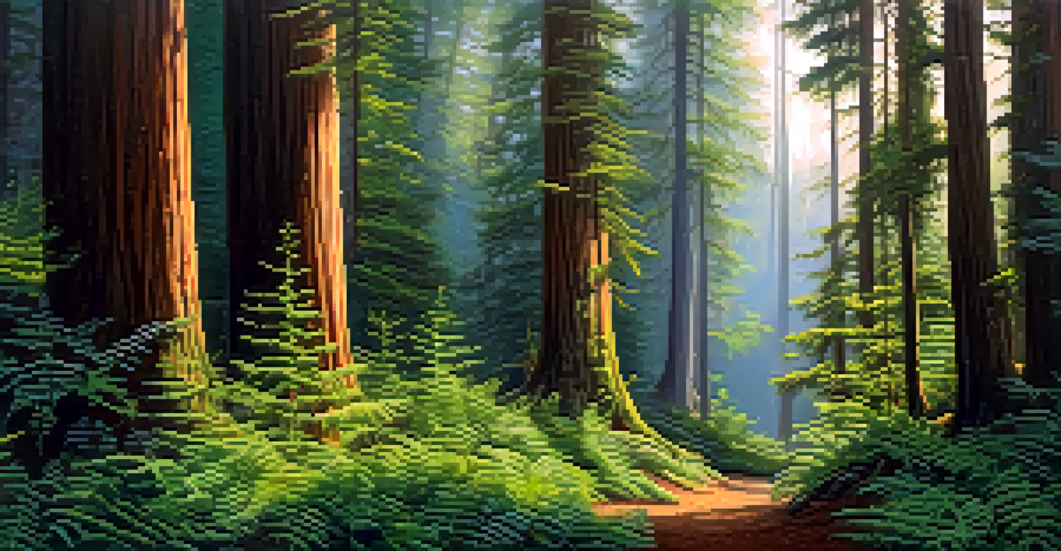 A breathtaking view of a coastal forest with tall redwood trees, sunlight filtering through the leaves onto the forest floor.