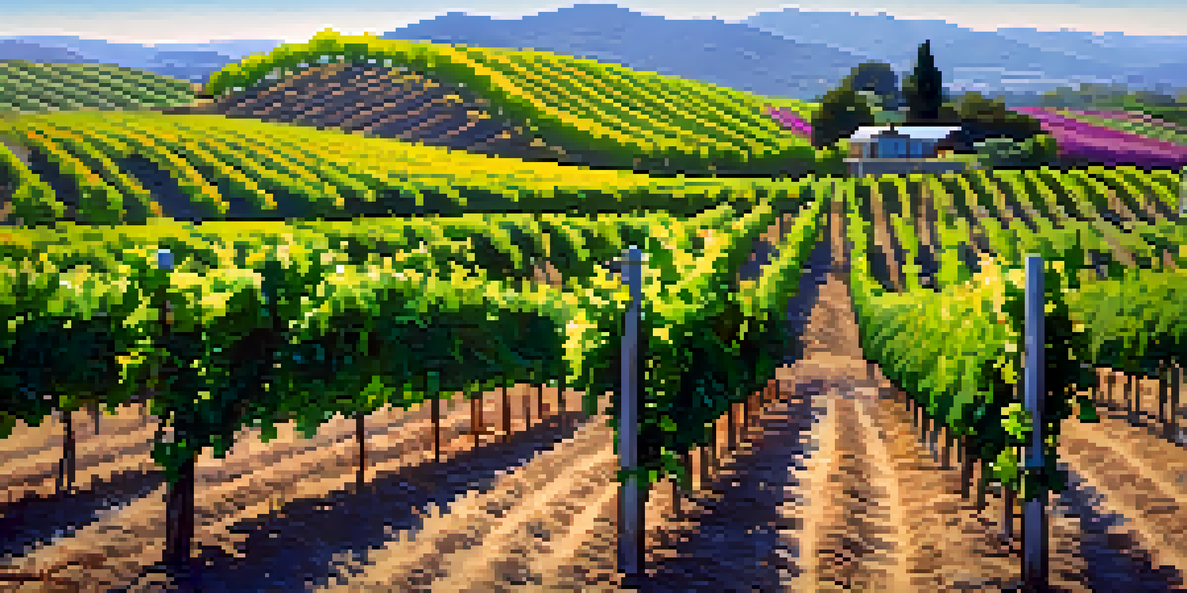 A farmer in a vineyard checking soil moisture amidst lush grapevines and bright flowers under a clear blue sky.