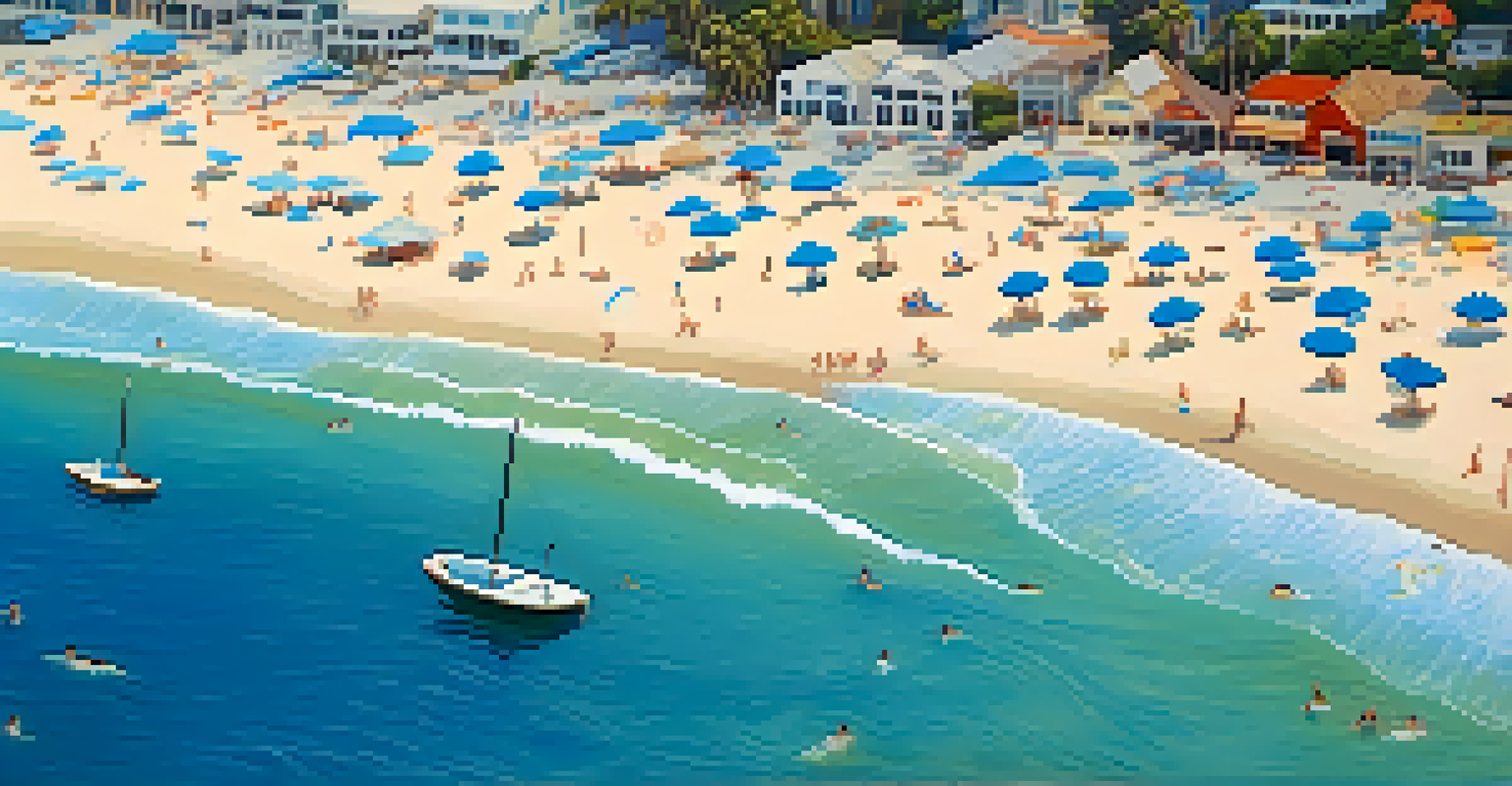 Aerial view of a beach with machinery adding sand to the shoreline and people enjoying the beach.