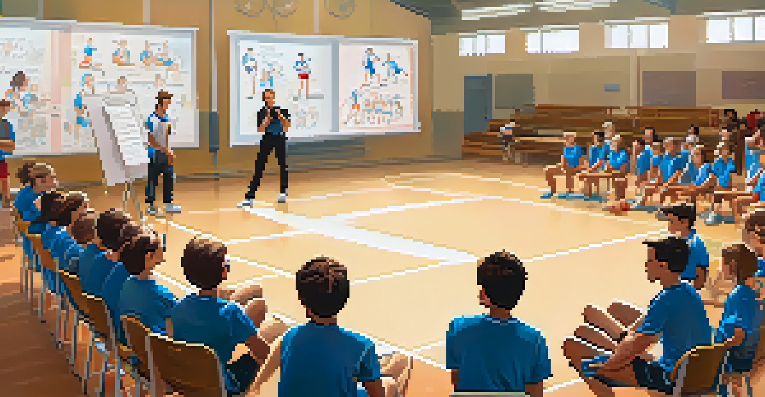 A coach conducting an anti-doping workshop for young athletes in a gymnasium.