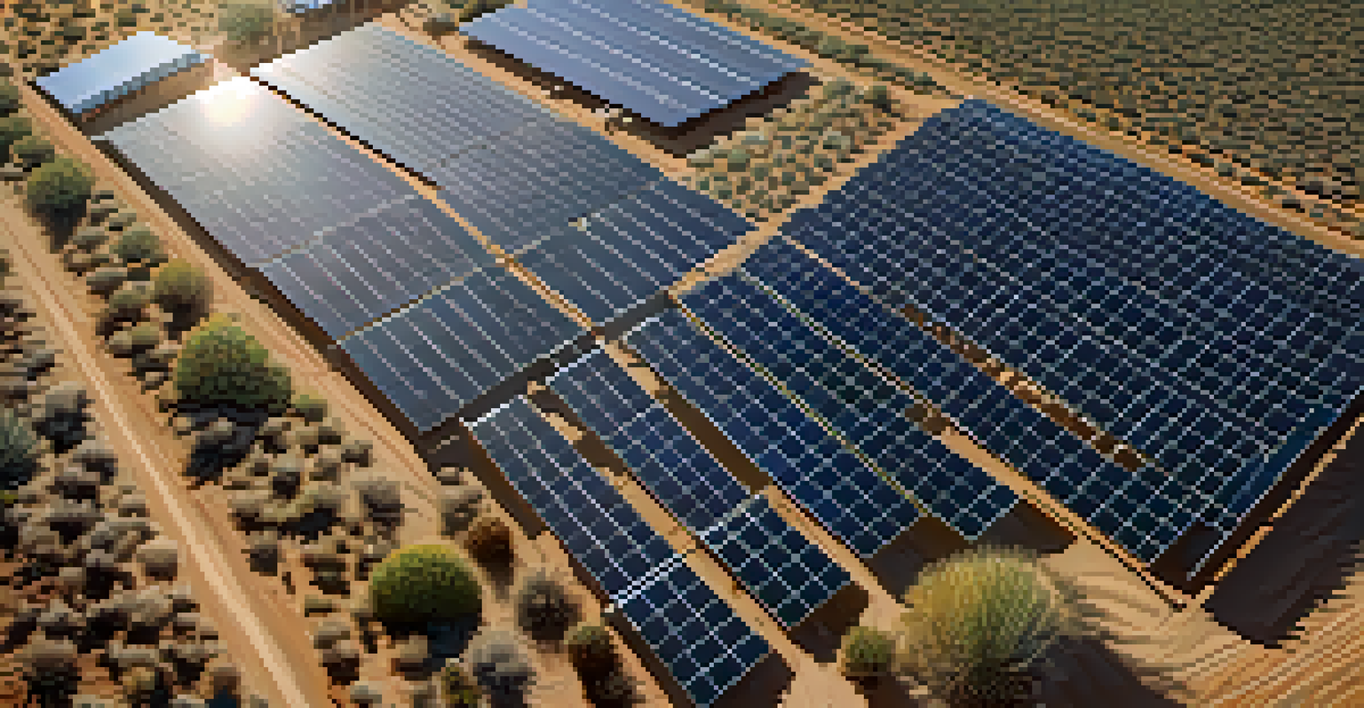 An aerial view of a solar panel farm in the California desert, surrounded by native plants.