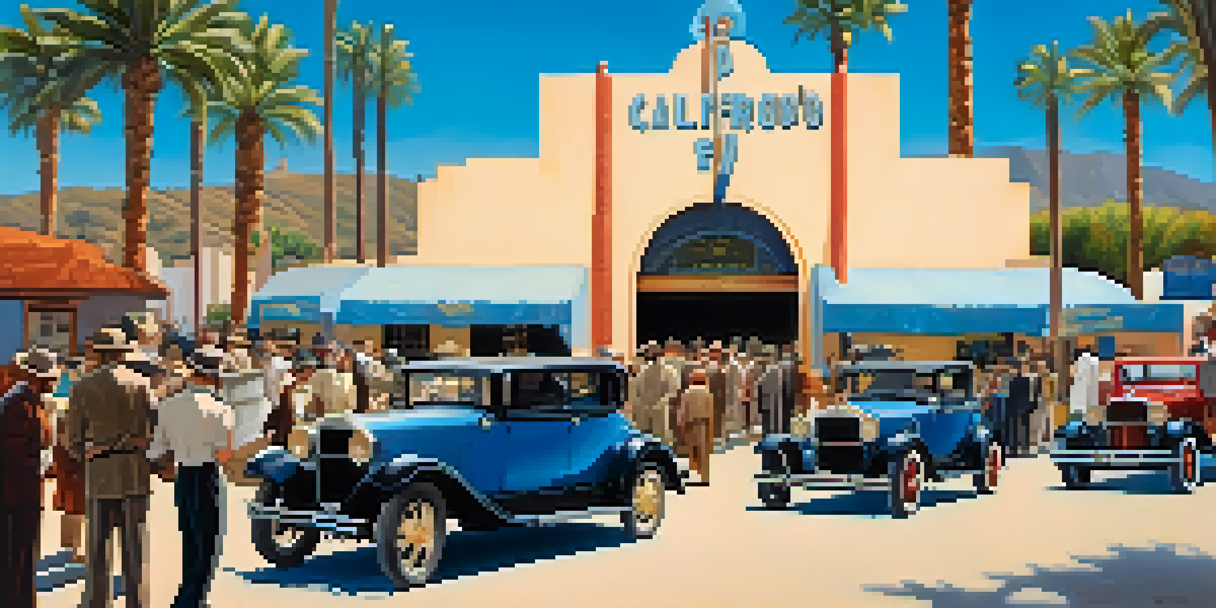 A vibrant 1920s film studio scene in California with vintage cars, crew members, and actors in period costumes against a backdrop of palm trees and the Hollywood sign.