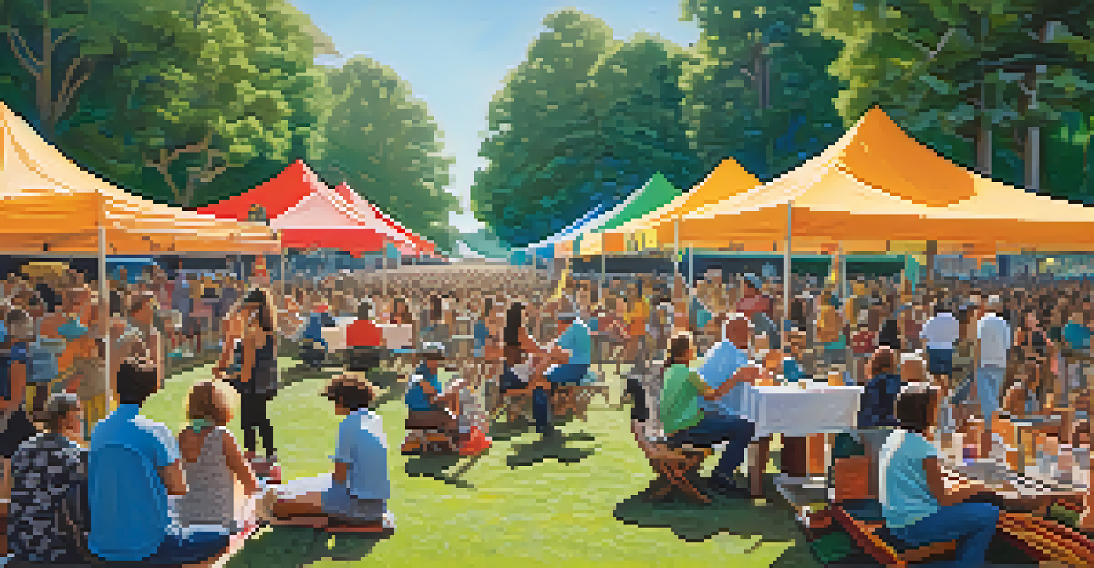 An outdoor music festival in California with people enjoying performances in a lush park, filled with joy and community spirit.