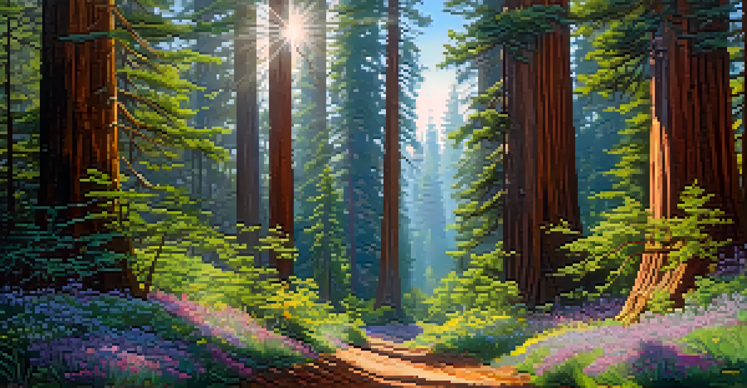 A scenic view of a California forest with tall redwood trees and blooming wildflowers under a bright blue sky.