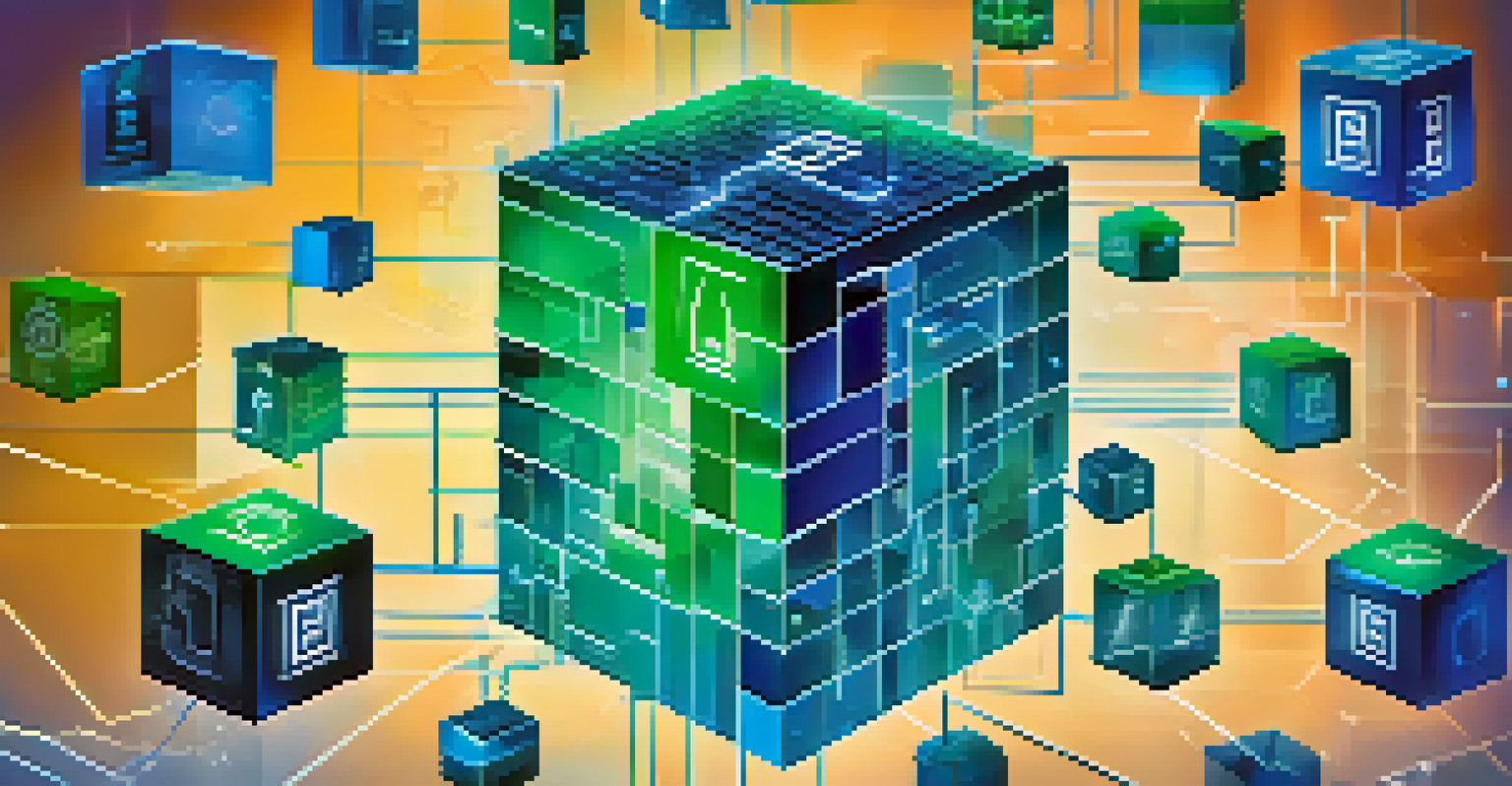 An illustration of blockchain technology with floating blocks and financial symbols in a digital environment.