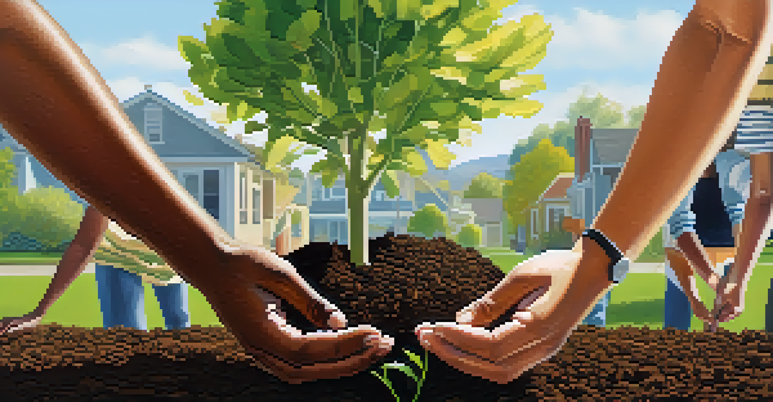 Close-up of diverse hands planting a young tree in soil, with a sunny neighborhood in the background.