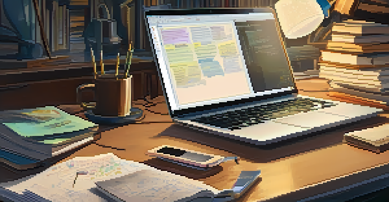 A student focused on a laptop, with books and notes on technology around them, in a cozy study space.