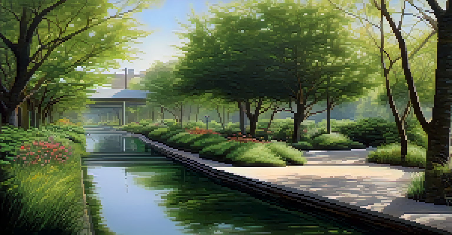 A green corridor with native trees and shrubs connecting two parks, filled with birds and a small water feature, illuminated by soft morning light.
