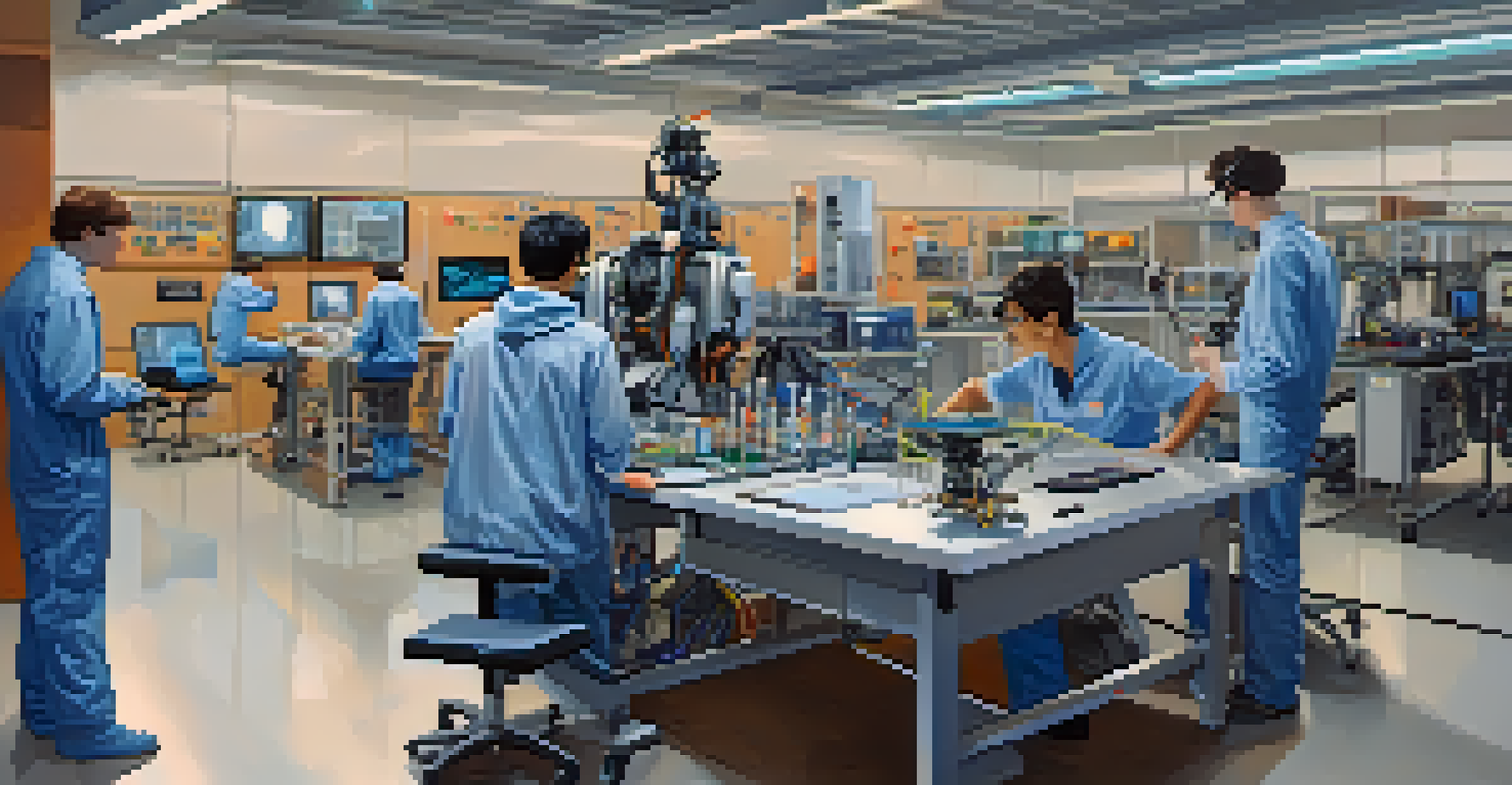 A high-tech laboratory at Caltech with students working on robotics projects, featuring advanced equipment and colorful screens.