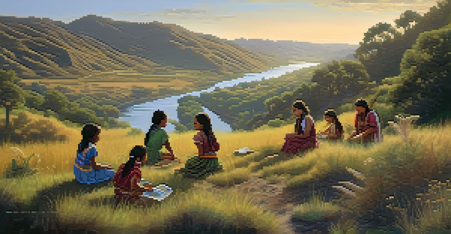 Children engaged in a language immersion activity in a beautiful California landscape, identifying local flora and fauna.