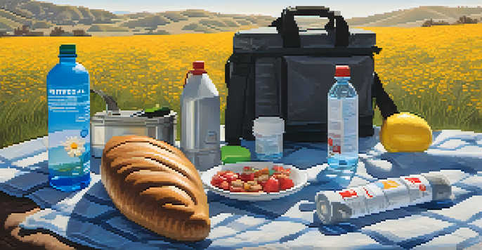 A peaceful California landscape with colorful wildflowers and an emergency kit laid out on a picnic blanket.