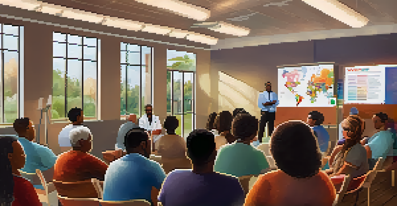 A healthcare professional giving an informative presentation on vaccines to a group of engaged attendees in a cozy community center.
