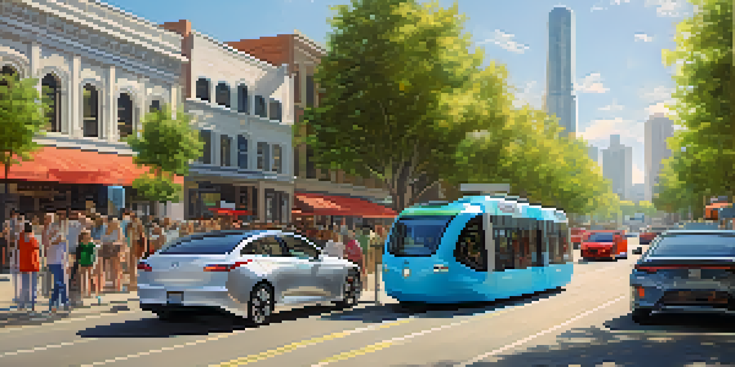 A lively California street scene with electric vehicles and charging stations, people walking, and trees along the street.
