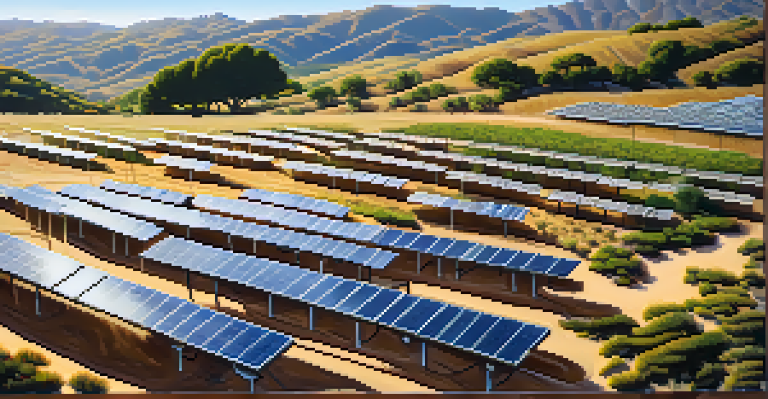 Close-up of solar panels reflecting sunlight with a scenic California landscape in the background.