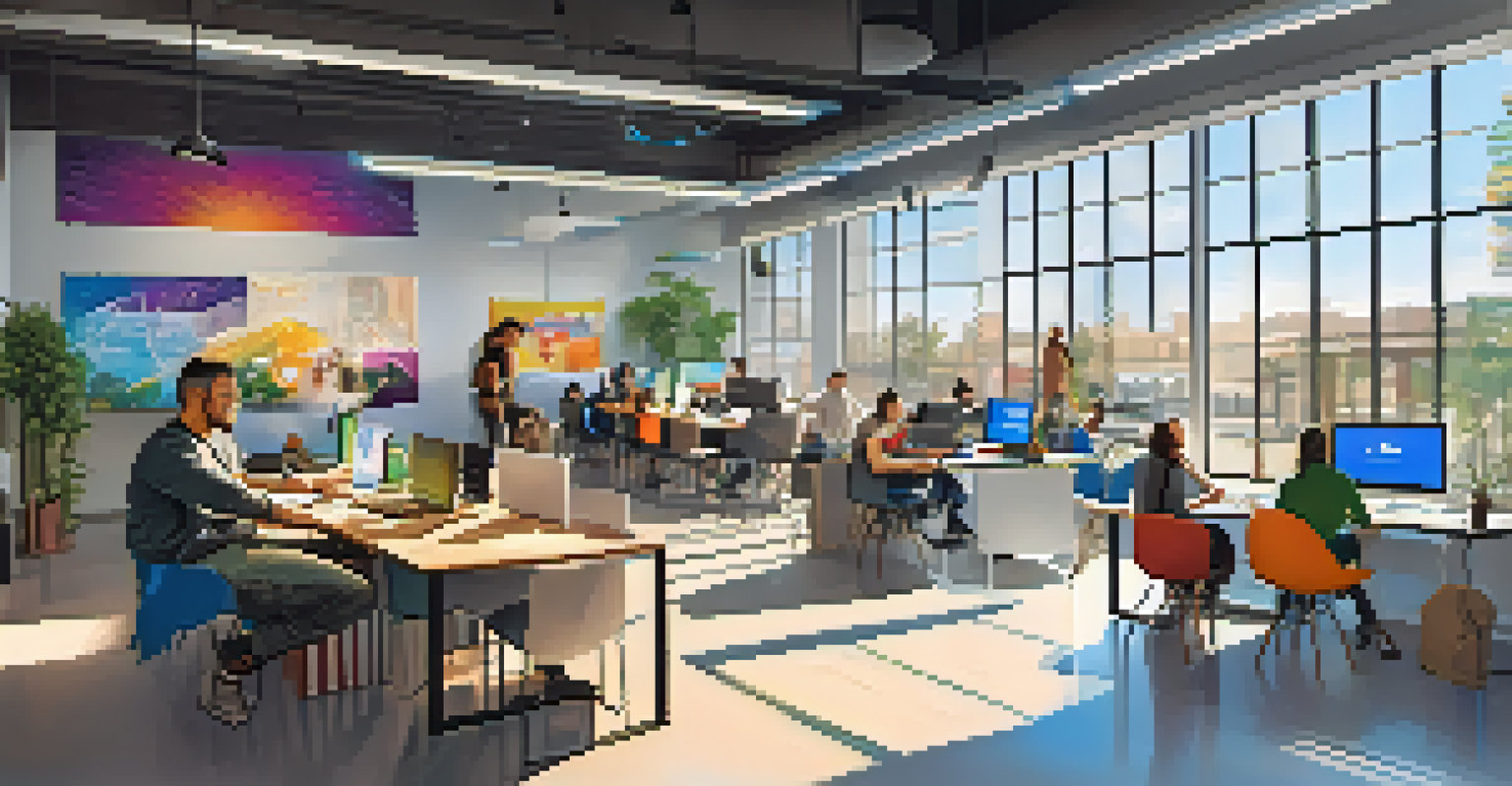 A vibrant California tech incubator filled with teams collaborating, modern decor, and sunlight streaming through large windows.