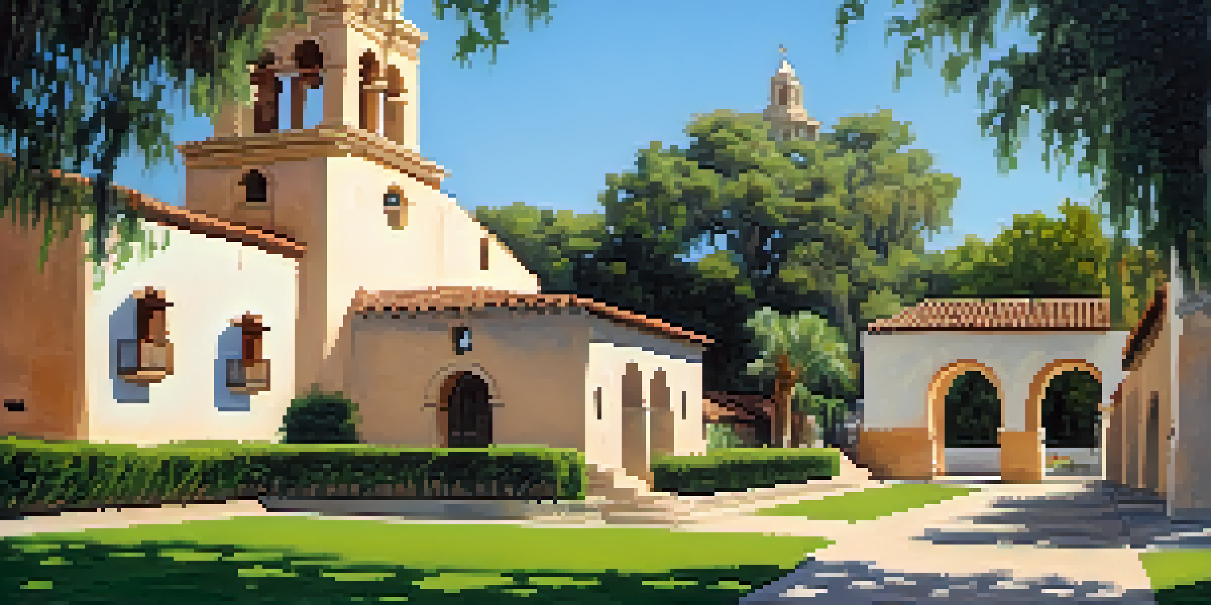 A wide view of Mission San Diego de Alcalá with its adobe buildings and bell tower, surrounded by greenery on a sunny day.