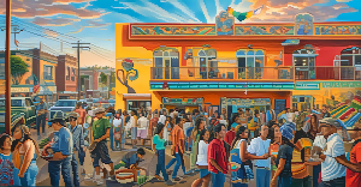 A colorful mural in Boyle Heights celebrating Mexican-American culture, featuring locals admiring the art amidst a lively street atmosphere.